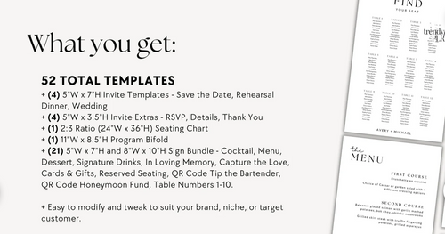 52 Templates Including Menu, Seating Chart, Thank You Cards, Invitation Templates